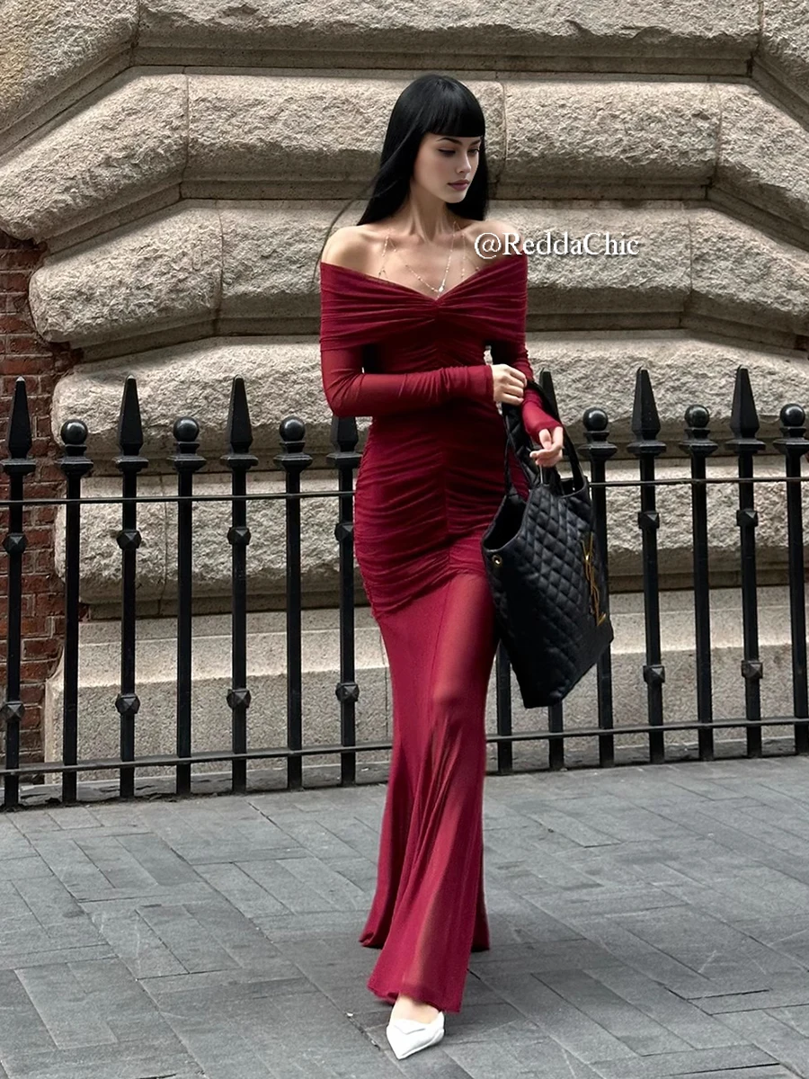 REDDACHiC Sexy V-neck Ruched Evening Dress Women Red Retro Long Sleeve Sheer Mesh Fishtail Maxi Long One-piece Formal Party Gown