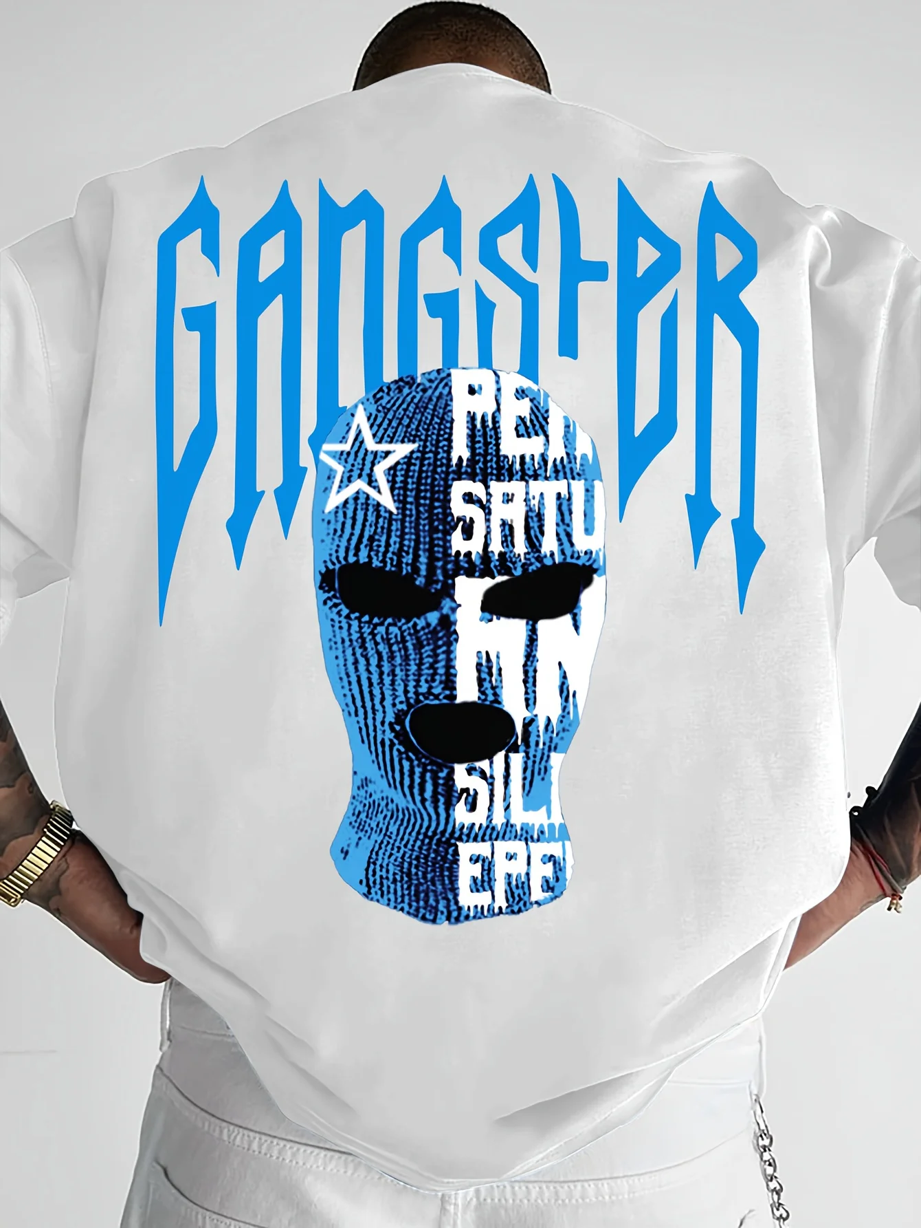 

Men's Summer T-shirt, Casual Short Sleeves, White with Black Bold Letters and Star Patterns, Lightweight Polyester Fabric