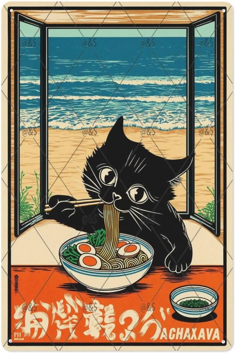 1p, gato japonés Vintage, gato negro peculiar comiendo Ramen letrero de estaño de Metal ch, divertidos letreros de estaño de Metal para cueva de hombre, gran regalo para Frien