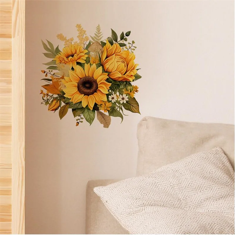 Self-Adhesive Colored Yellow Sunflowers Flowers Wall Stickers For Bedroom Living Room Cabinet Beautification Decoration Wholesal