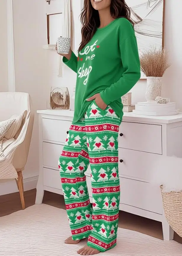 

2 Pieces Outfit Long Sleeve Top & Christmas Tree & Snowflake Print Elastic Waist Pants Set Women Casual Christmas Pajamas Set
