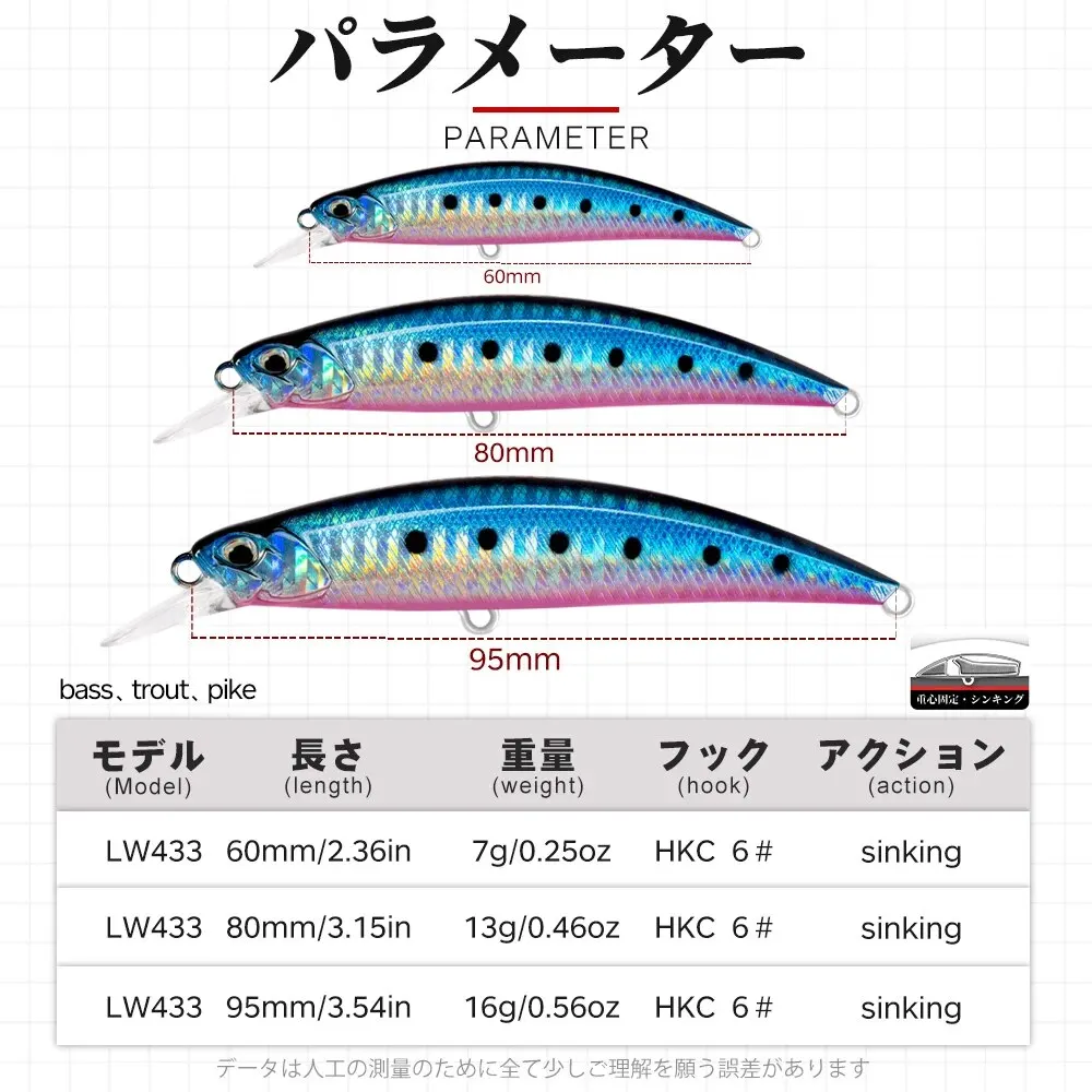 Hunthouse Lw433 Spearfead Ryuki Minnow Lure 60mm/7g 80mm/13g Wobbler Sinking Long Casting Trou Perch Bass Fishing Hard Bait