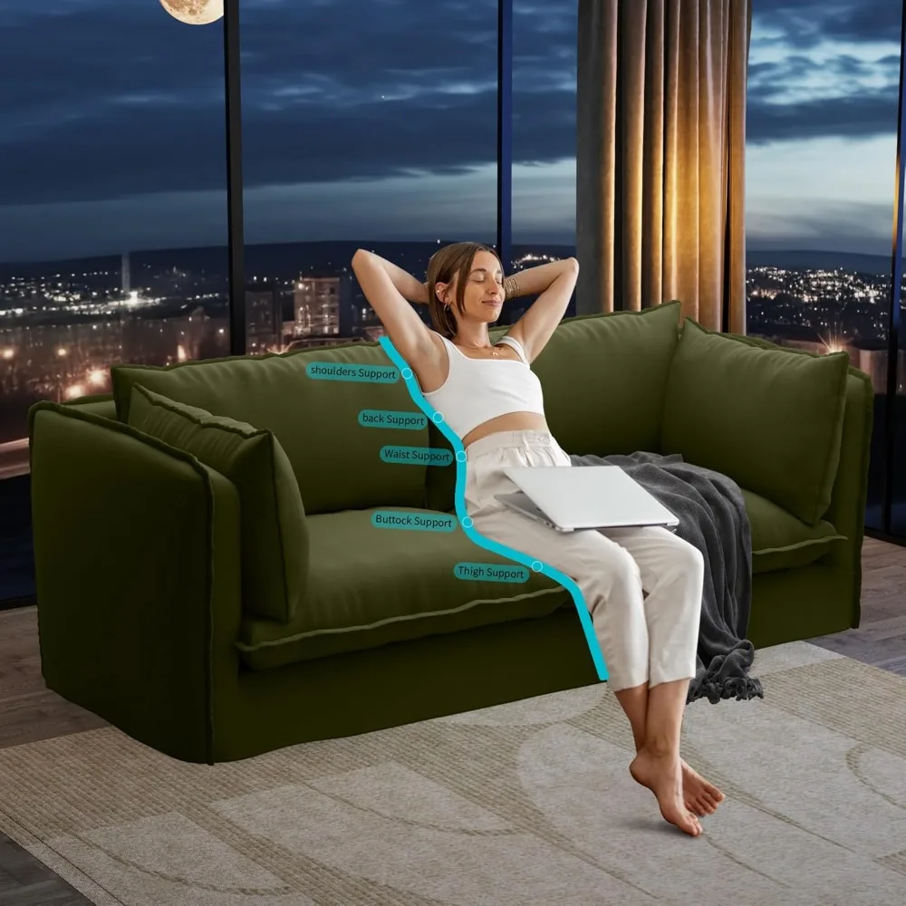 أرائك سحابة مقاس 80 بوصة لغرفة المعيشة، أريكة من قماش الكتان مكونة من 3 مقاعد مع وسادتين مسند للذراع وأرجل خشبية أسفل الأريكة المنجدة #6