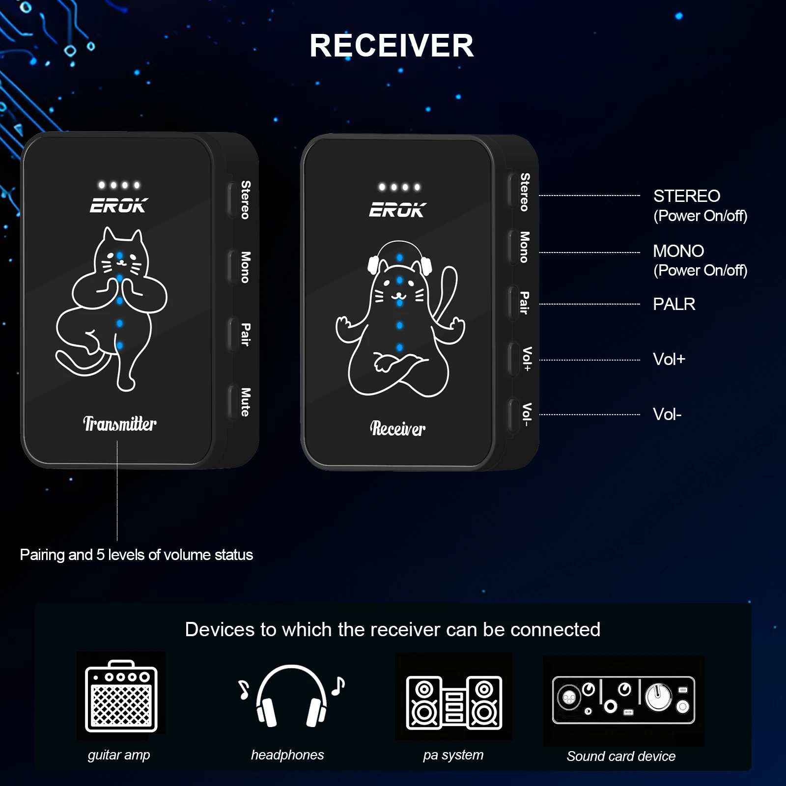 EROK MT-11 2.4G Wireless Earphone Monitor Rechargeable Transmitter Receiver Stereo Mono Mute Volume Control for Instrument