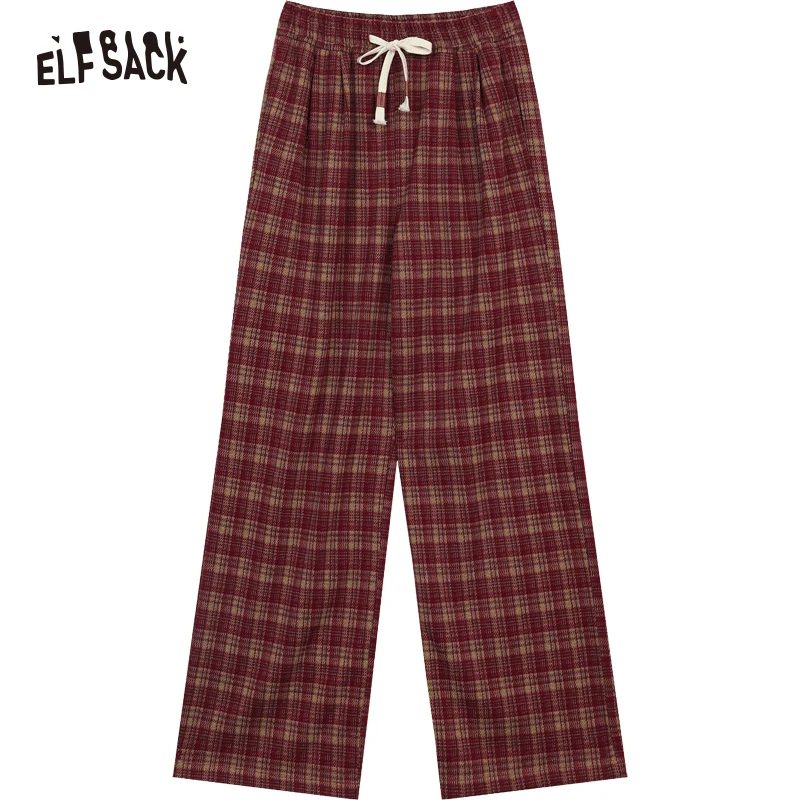 ELFSACK 2024 Winter New Arrivals Angela Red Retro Loose Plaid Pants for Women