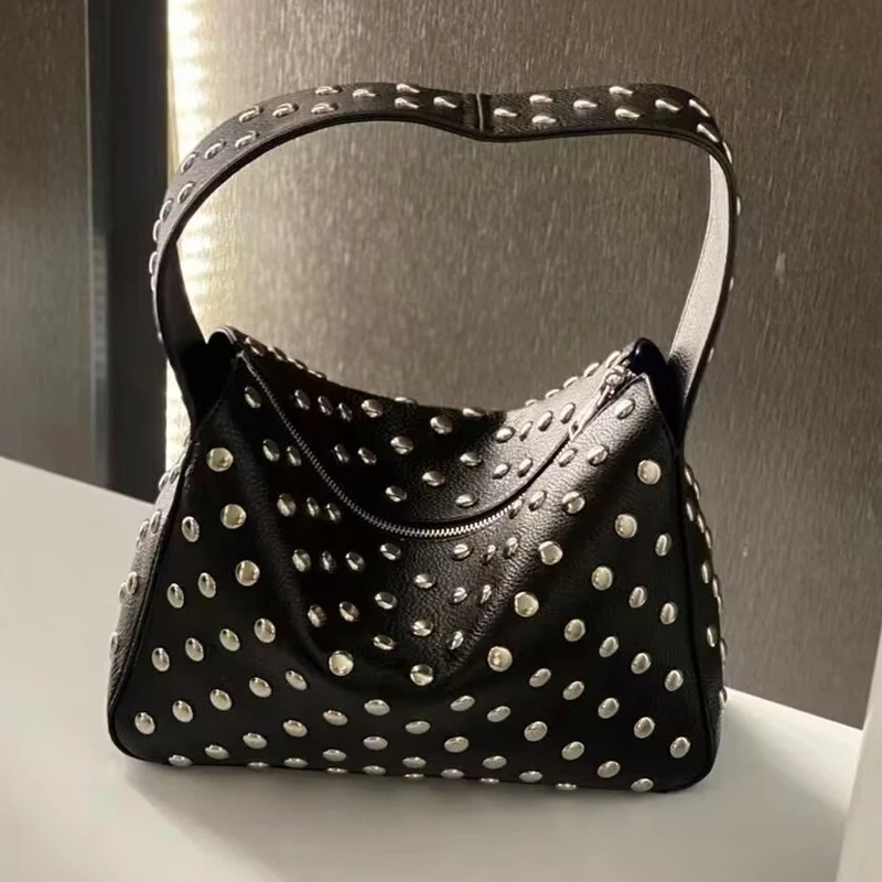 Moto & Biker Rivet Decorate Black Bags For Women Luxury Designer Handbag  Purses 2024 New Fashion Underarm Wide Shoulder Straps