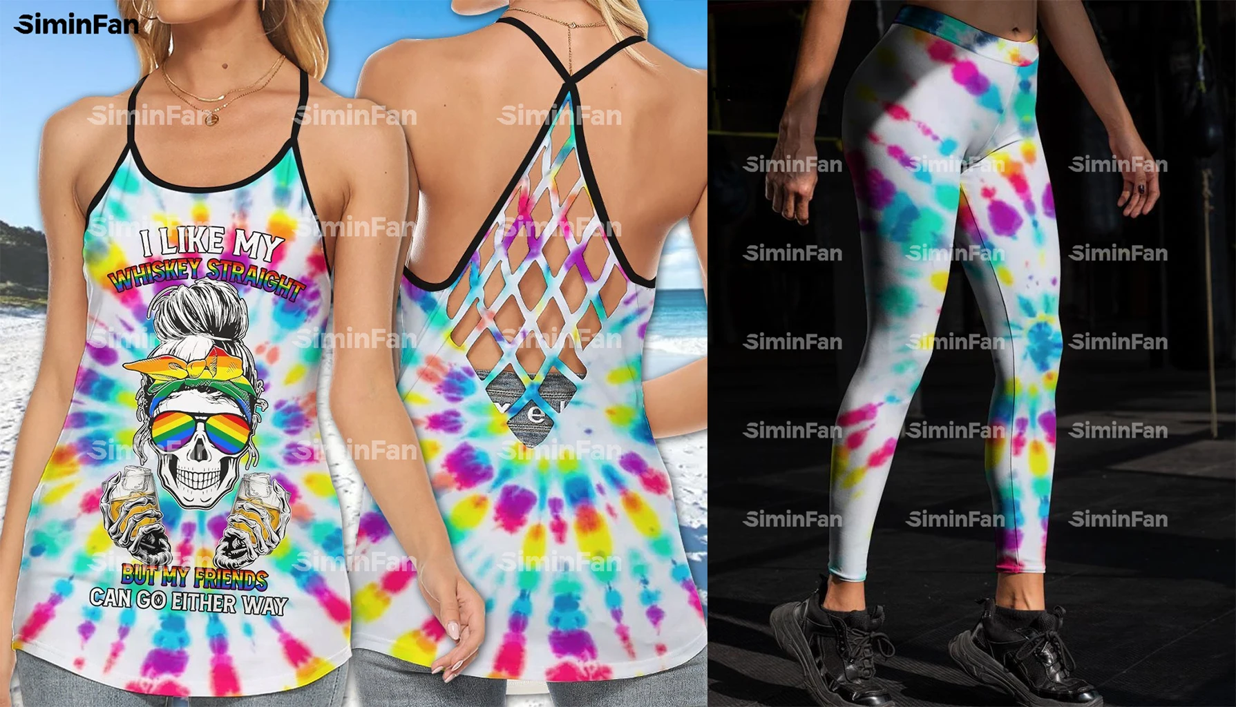 

Rainbow LGBT Tie-Dye 3D Print Criss Cross Tank Top Legging Female Backless Camis Vest Women Pant Suits Outfit Yoga Two Piece Set