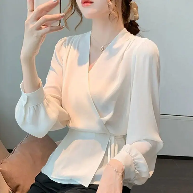 Office Lady Solid Color Elegant V-Neck Patchwork Blouse Spring Autumn New Long Sleeve Sashes Bandage Stylish Casual Button Shirt