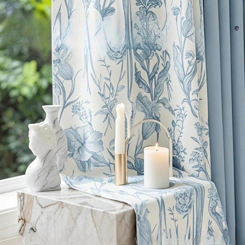 Blackout Cotton Linen Modern Blend Thick Splicing Curtains Luxury Blue Modern Elegant Custom Size for Home Decor  Fashion