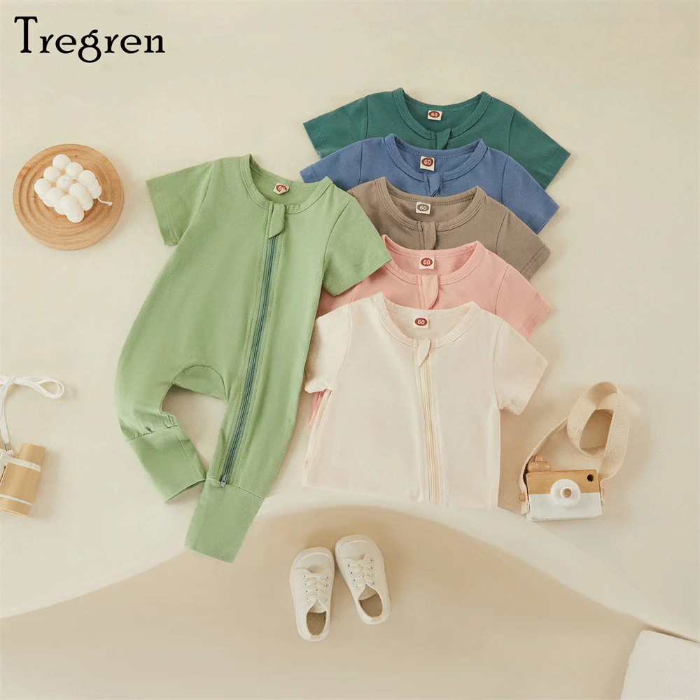 

Tregren 0-18M Newborn Baby Boys Zipper Romper Pajamas Casual Long Sleeve Crew Neck Solid Color Footless Jumpsuit Sleepwear