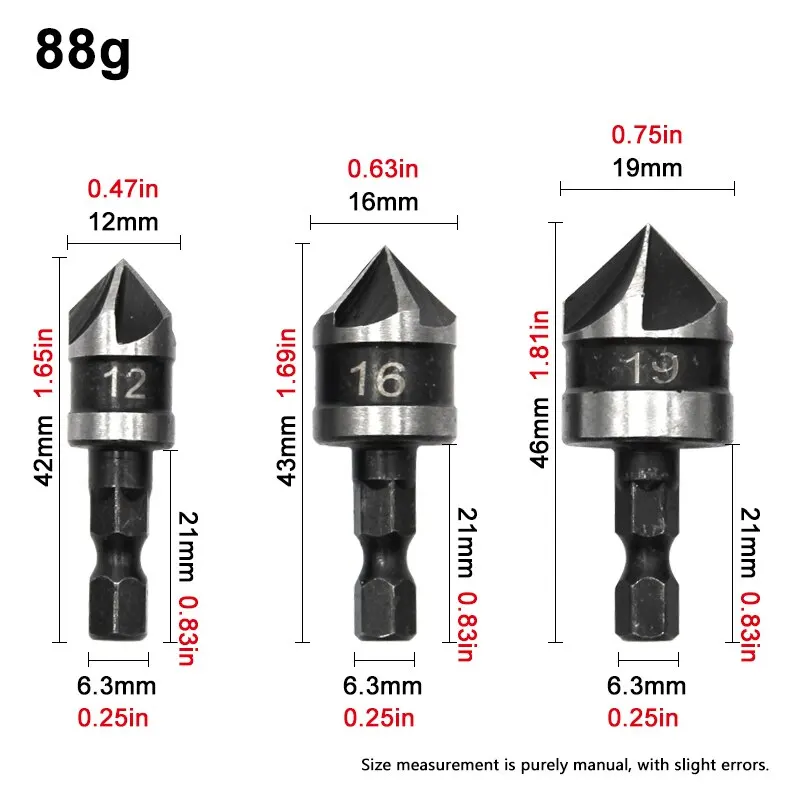 3PC Hexagonal Shank 90 Degree Black Five Blade Chamferer 12/16/19mm Countersink Drill Woodworking Hole Opener Tool Set Locating