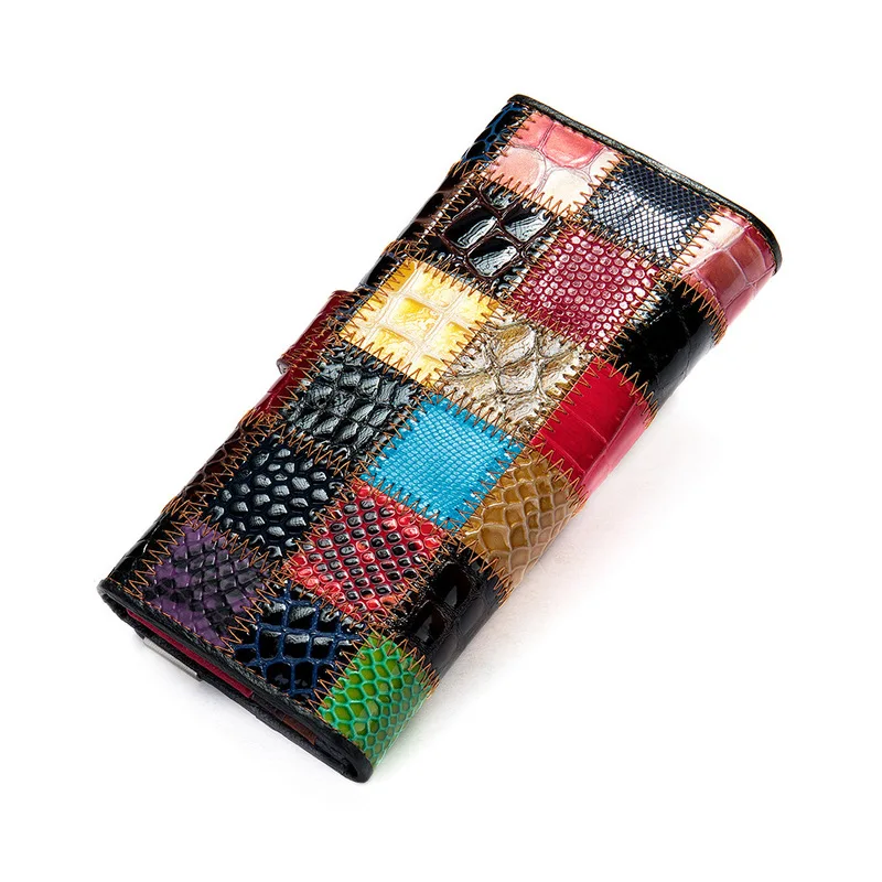 Retro Ladies' Wallet - New Design - Top-grain Cowhide - Colorful Patchwork Diamond Pattern - Ladies' Genuine Leather Wallet
