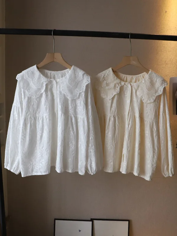 

Свободный кружевной кукольный воротник с вышивкой Bubble Sve, белый ирт, женский весенне-осенний 2023, новинка 202, корейский Sle, смесь хлопка и льна