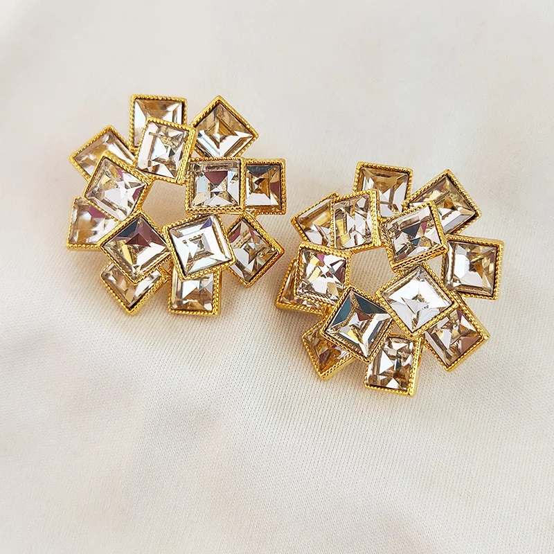 Colored Square Flower Stud Earrings For Women European American Style Delicate Crystal Earrings Wedding Party Jewelry