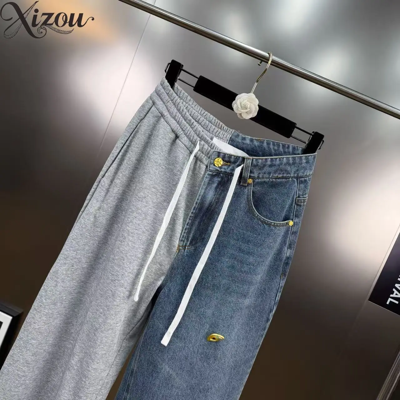 2026 Spring Metal Buckle Washed Denim Jeans Contrast Color Straight Wide Leg Lazy Style High Street Streetwear Long Pants Women