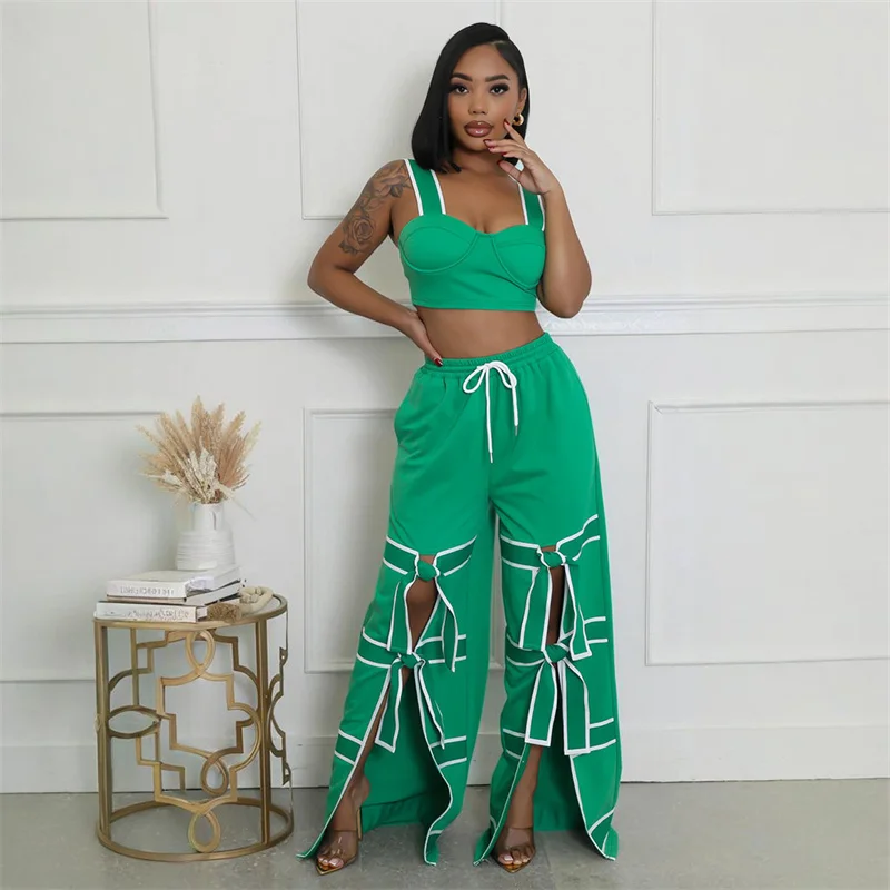 

Sexy Summer Women Two Piece Sets Straps Bodycon Slim Crop Top and High Waist Loose Lace Up Cut Out Flare Wide Leg Pants Outfits