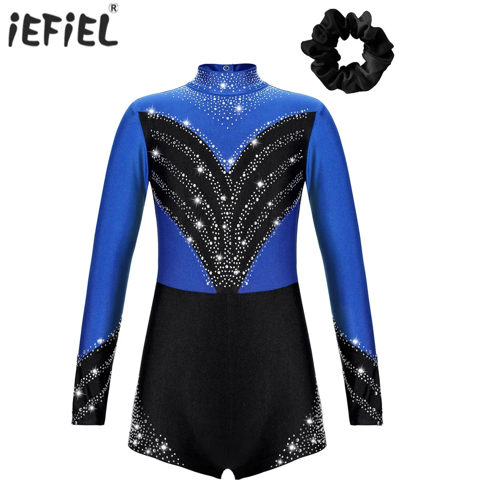 Kids Girls Ballet Gymnastics Leotard Jumpsuit Rhinestones Romper with Hair Tie Headwear for Gymnastics Performance Competition