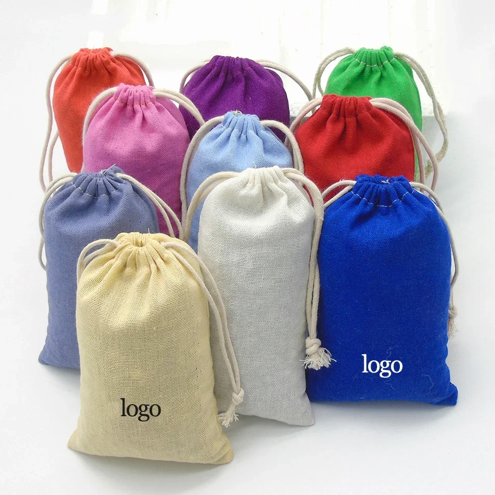 50PC Linen Gift Bags Packaging Jewelry Cosmetic Makeup Cotton Linen Drawstring Pouch Party Gift Storage Custom Sachet Print Logo