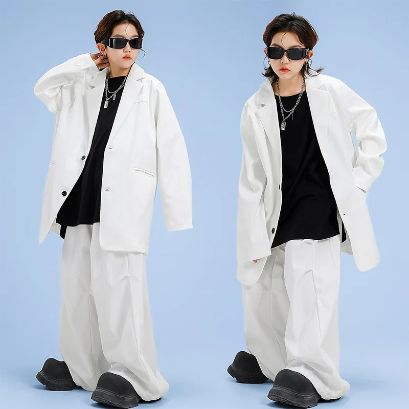Children Jazz Dance Performance Costume White Kids Group Hip Hop Outfit Suit for Teen Boys Girls Fashion Loose Blazers Set