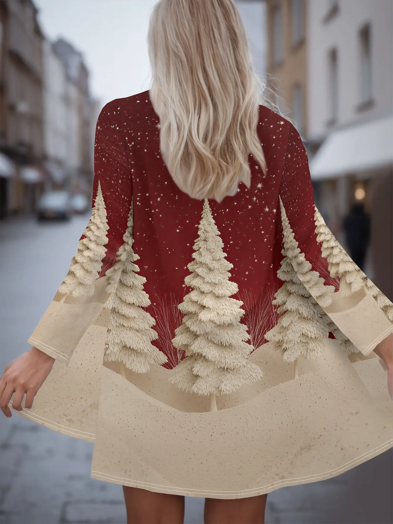 여성용 3D 크리스마스 트리 가디건, 베이지 레드 프린트 디자인, 긴 소매 오픈 프론트, 캐주얼 홀리데이 스타일