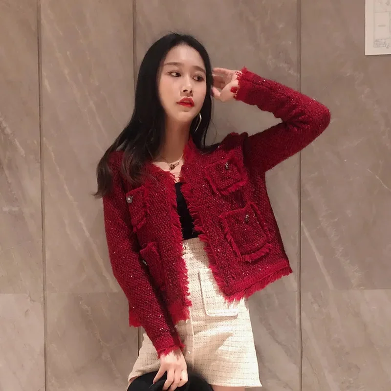 

Xiaoxiangfeng Jacket Women's New Spring Coat Tide 2023Celebrity Korean Cherry Short Outwear Tassel Knit Cardigan Female Overcoat