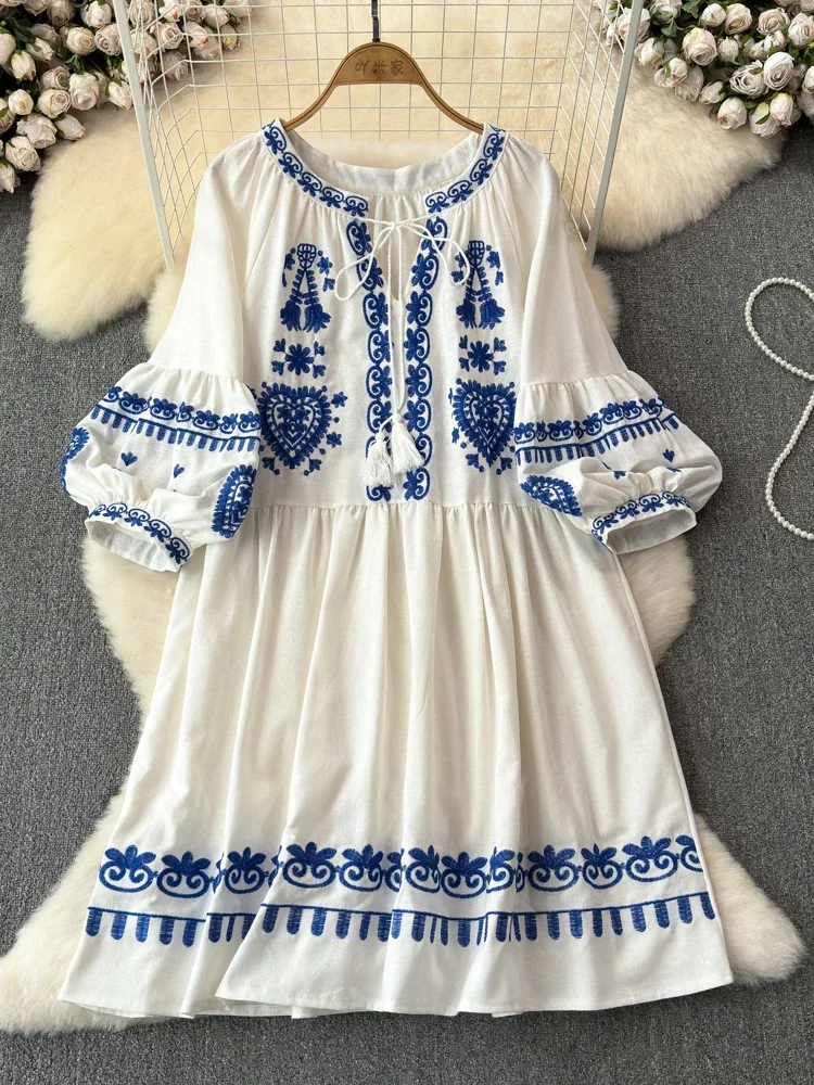 Women\'s Spring Summer Dress Bohemian Retro Ethnic Style Diamond Cotton Linen Blend Embroidered Lantern Sleeves Mini Dress A20