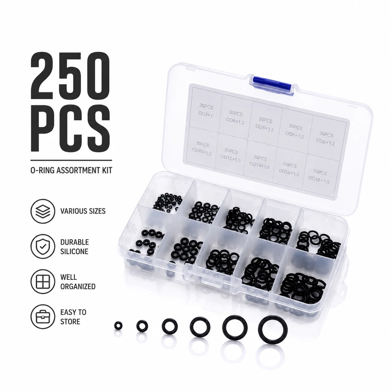 250PCS/box Anti-aging VMQ Silicone O-ring Seal CS 1/1.5mm Outer Diameter 3mm~8mm Electromechanical Maintenance Spare Seal