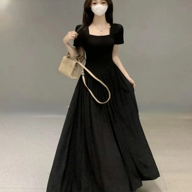 

2024 New Arrival Black Dress Fashion Summer Square Collar Dresses Women Top Grade Solid Slim make someone look slimmer Dress