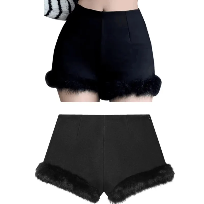 NERHEFZ Damen-Shorts aus Wollmischung mit synthetischem Pelzeffekt, Herbst-Winter-Mode, hohe Taille, schlanke weibliche kurze Hosen