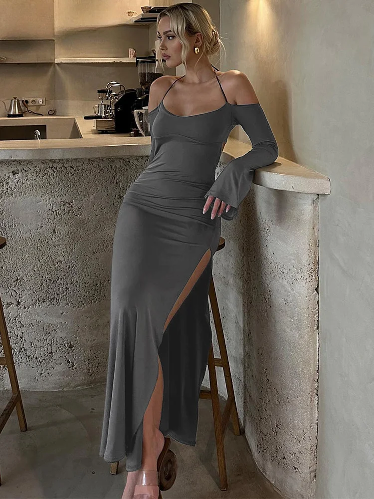 

2024 New Solid Color Shoulder Strap Back Long Skirt with Long Sleeve and High Side Split Skirt