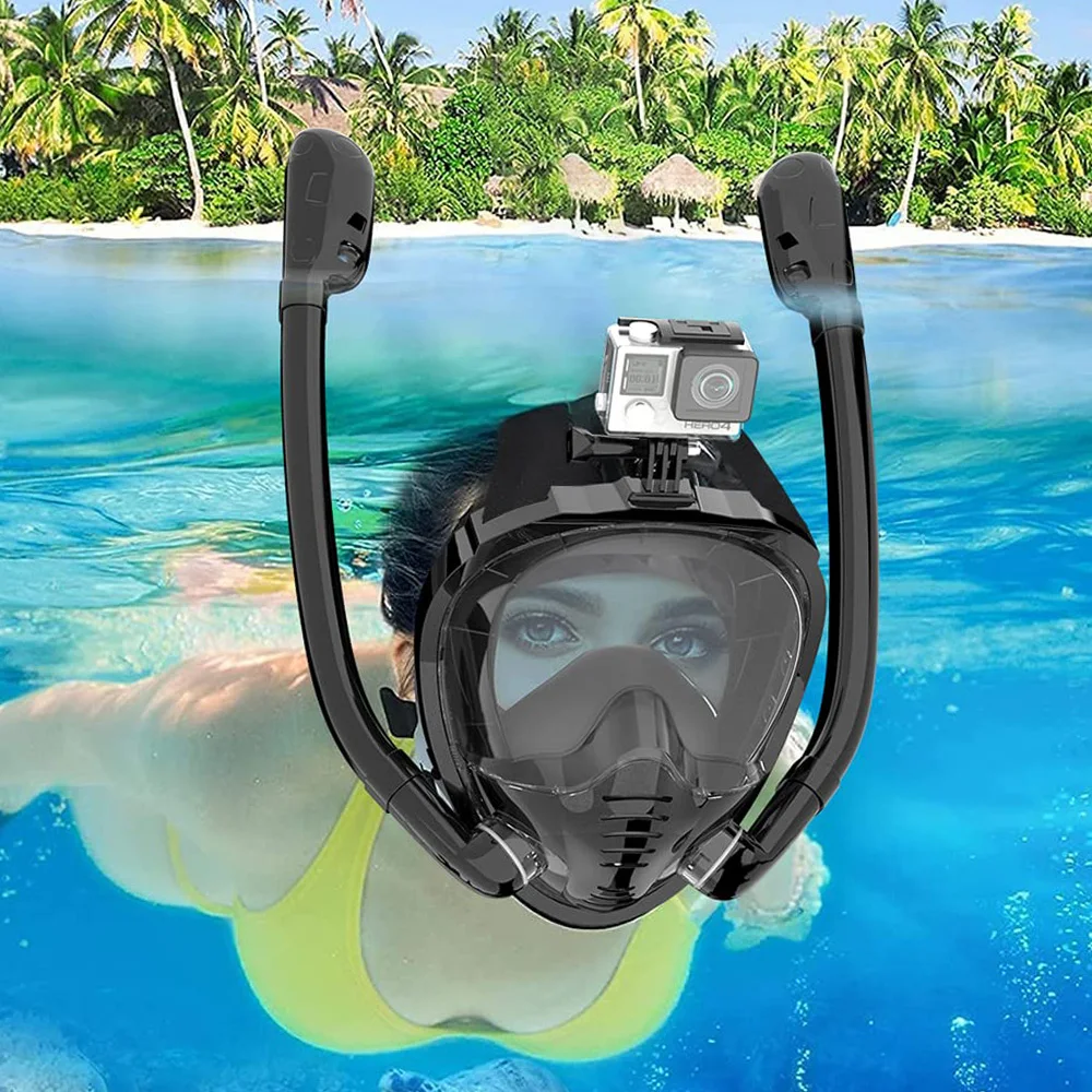Vollgesichts-Schnorchelmaske 180 ° Panoramablick, Silikon-Schnorchel-, Tauch- und Schwimmbrille mit trockenem Oberteil und 2 Schnorcheln, beschlagfrei, Anti-Lea – Detail 3
