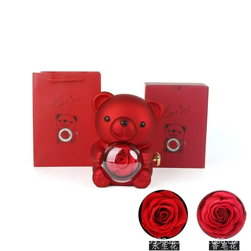 

Preserved Rose Hug Bear with Preserved Flower Ring Necklace Organizer Gift Bear Shape Jewelry Box Valentine's Day Birthday Gift