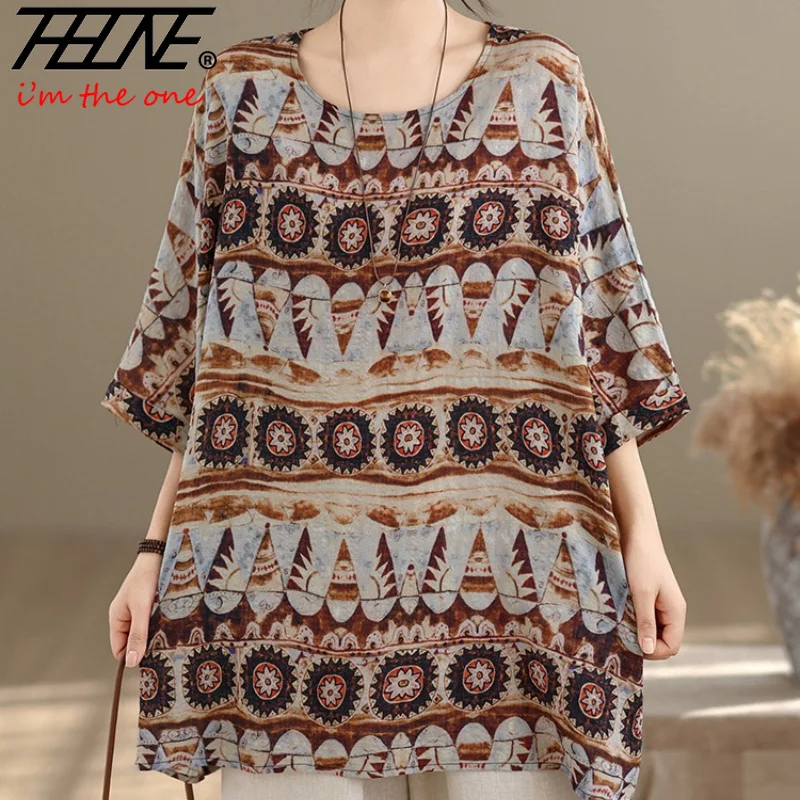 THHONE Plus Size Fashion Summer Woman Blouse Cotton Linen Casual Loose Print Patchwork O-Neck Vintage Indie Folk Oversized Top