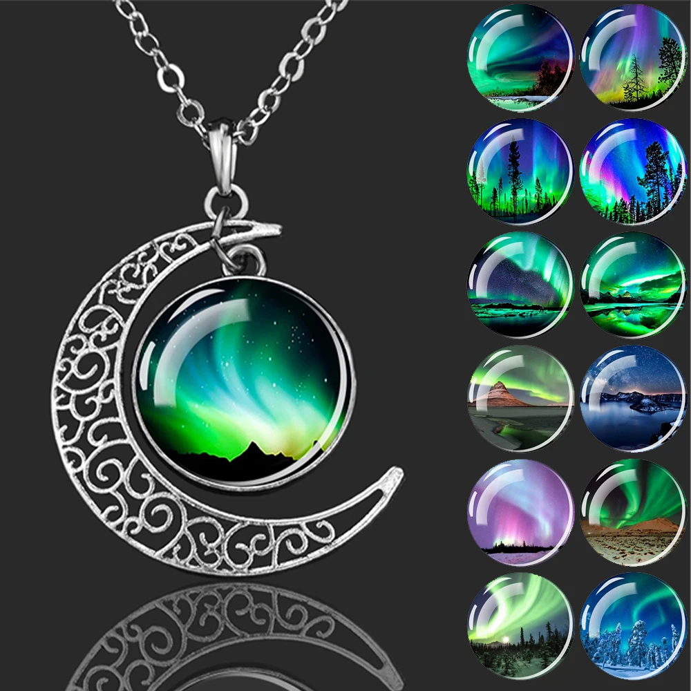 Northern Lights Pendants Necklace Men Women Polar Light Life Tree Aurora Glass Dome Crescent Moon Pendant Astronomy Jewelry Gift