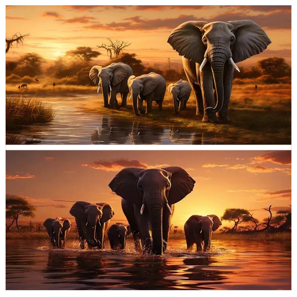 5D Diy Large Size Diamond Painting Sale Sunset African Elephant Square Round Diamond Mosaic Diamond Grams Embroidery Wildlife Wal