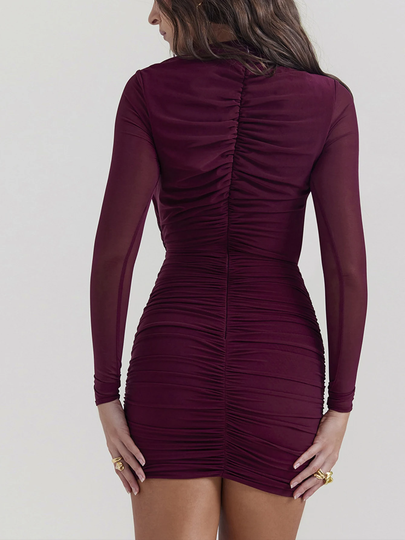 Women's Long Sleeve Crew Neck Mini Dress Autumn Fashion Sexy Plain Cut-Out Hole Shirring Pencil Skirt for Dating