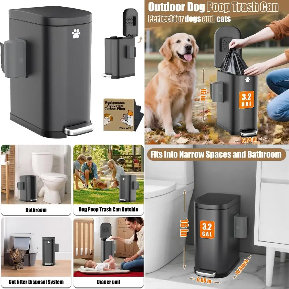 

Stainless Steel 3.2 Gallon Outdoor Dog Waste Trash Can with Step Pedal and Odor Control Lid