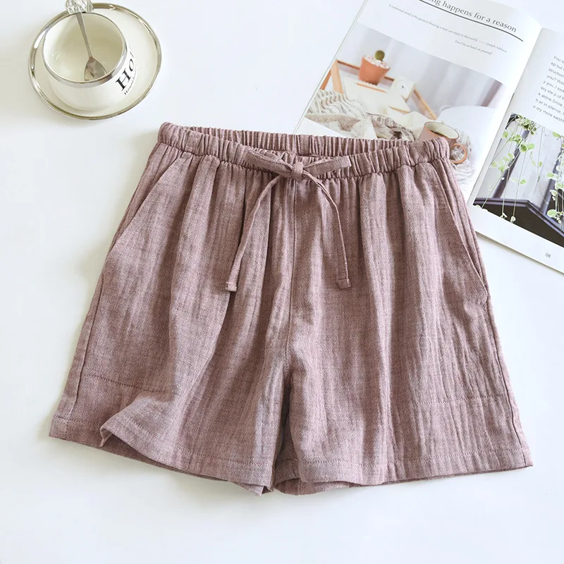 Couple Cotton Gauze Home Shorts Summer Solid Color Pajama Pants for Women and Men Elastic Waist Bottoms Sleep Shorts Lounge Wear