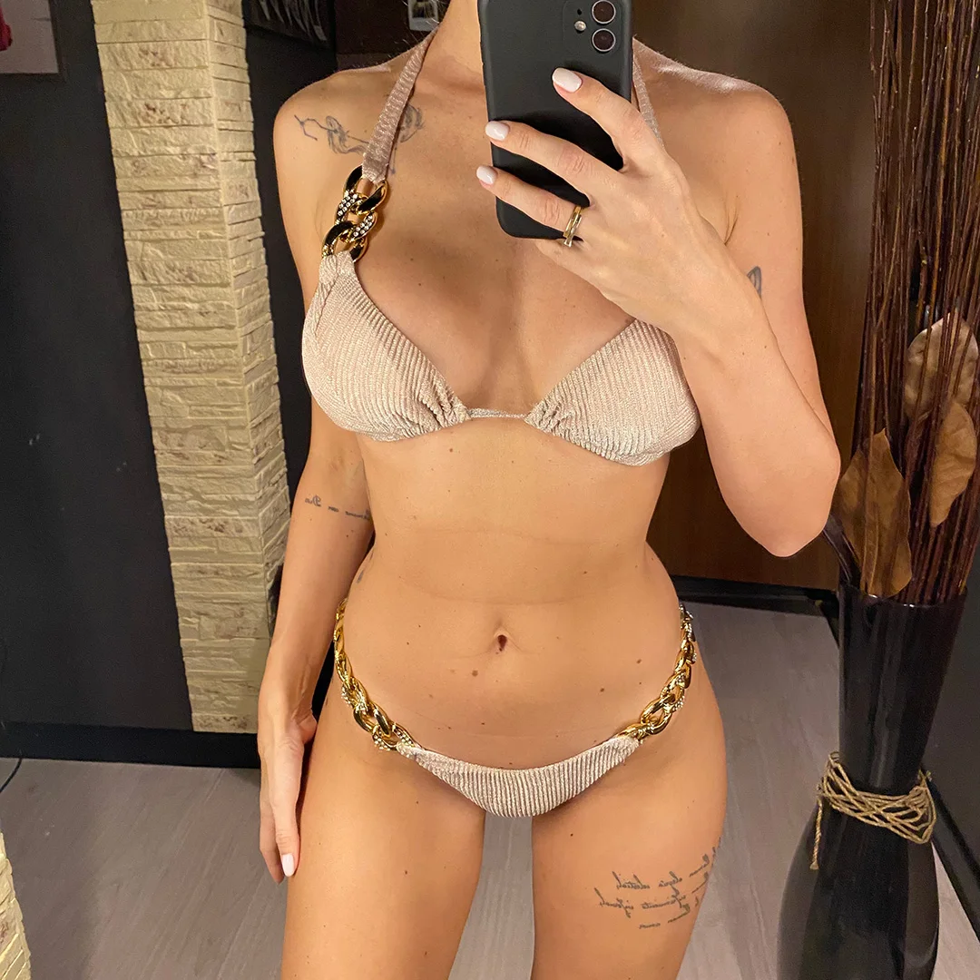 Sexy brasilianischer Bikini mit Strasssteinen und Scrunch-Effekt, Damen-Badeanzug, zweiteiliges Bikini-Set, Badebekleidung, Badeanzug, Modell V3185. – Detail 16