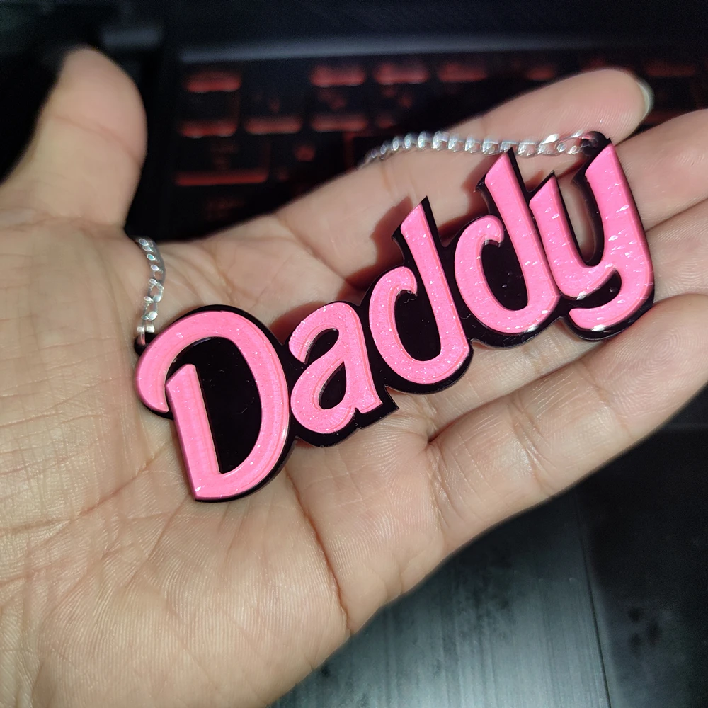 KUGUYS Hot Pink Daddy Pendant Necklace for Women Trendy Jewelry Glitter Fashion Acrylic Letters Sweater Chain