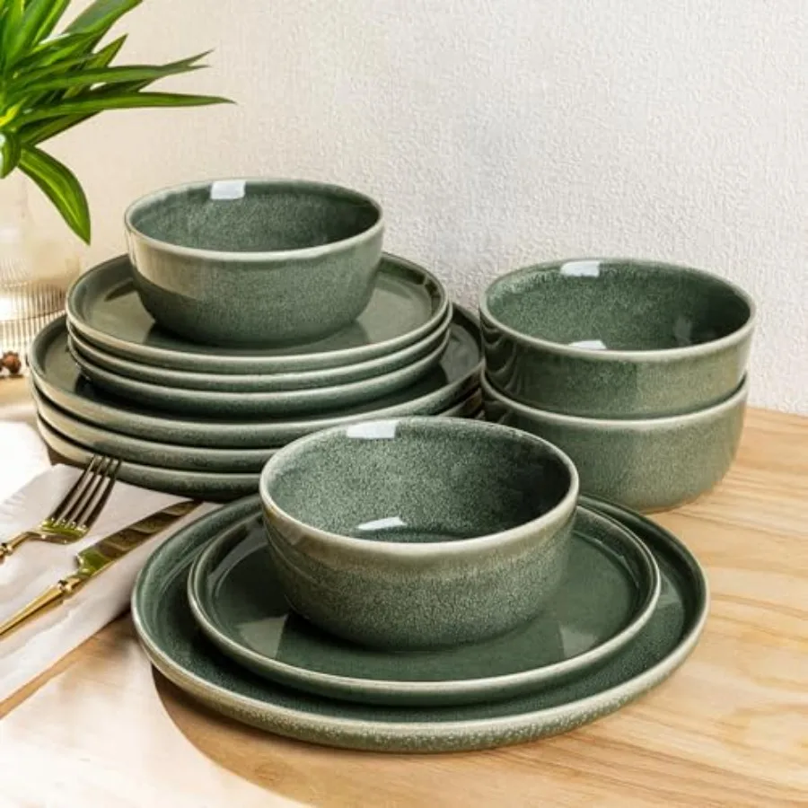 Stoneware Dinnerware Sets Round Reactive Glaze Ceramic Plates and Bowls Set Highly Scratch Resistant Dishwasher Microwave Safe