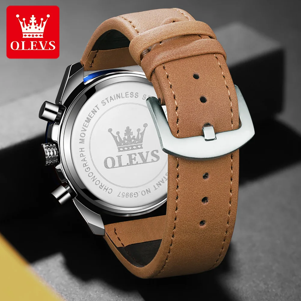 OLEVS Luxury Quartz Men Sport Watch Multi-Function Waterproof Luminous Chronograph Fashion Brown Leather Strap Men Wristwatch