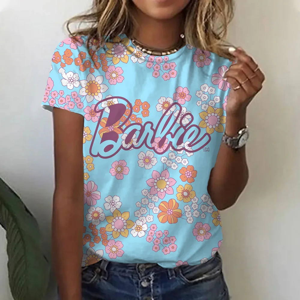 2024 Nieuwe Dames T-Shirt Met Korte Mouwen Barbie Cartoon Lente En Zomer Casual Ronde Hals Bedrukt Ademende T-Shirts Tops Cadeau