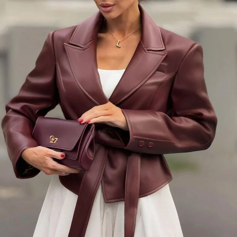 

New Women's Burgundy Faux Leather Blazer Belted Long Sleeve PU Cropped Jacket for Fall Winter Streetwear Fashion Outfits