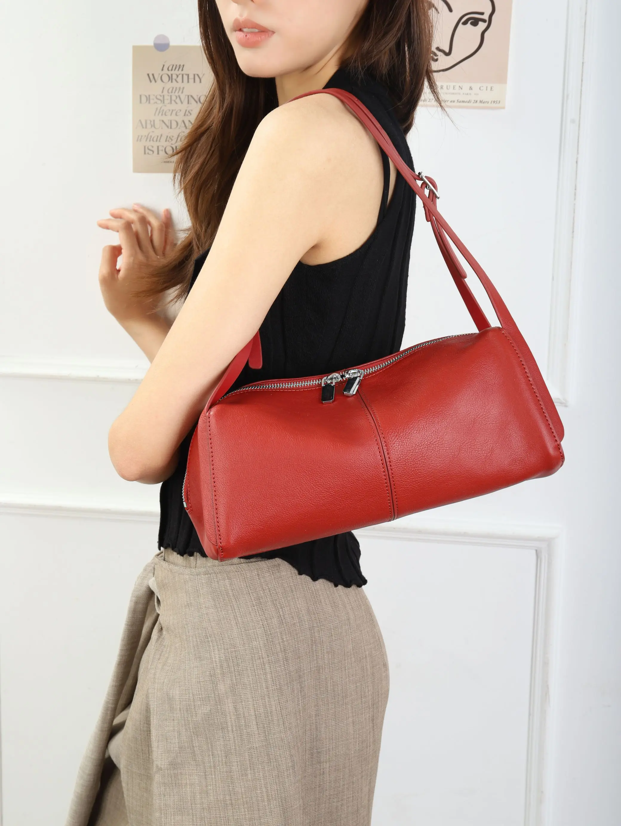 Genuine Leather Women's Shoulder Bowling Bags Luxury Designer Ladies Boston Bag for Woman Large Capacity Underarm Bag Purse 2026