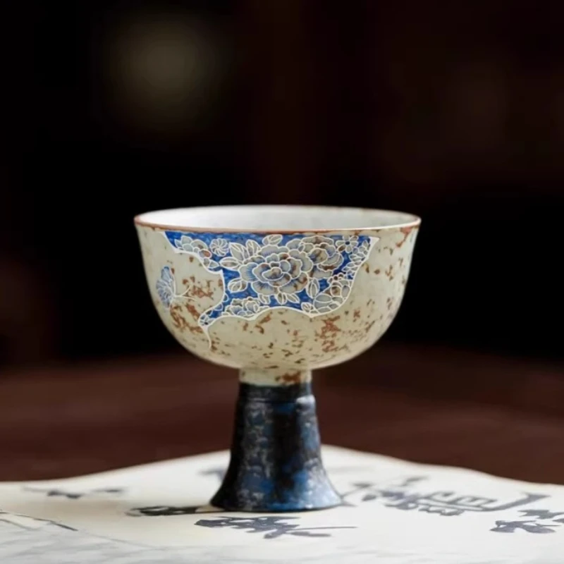 Blue and White Flint Red Blue Peony Teacup High Footed Tea Cup Household Teaware Retro Ceramic Master Mugs Personal Single Cup