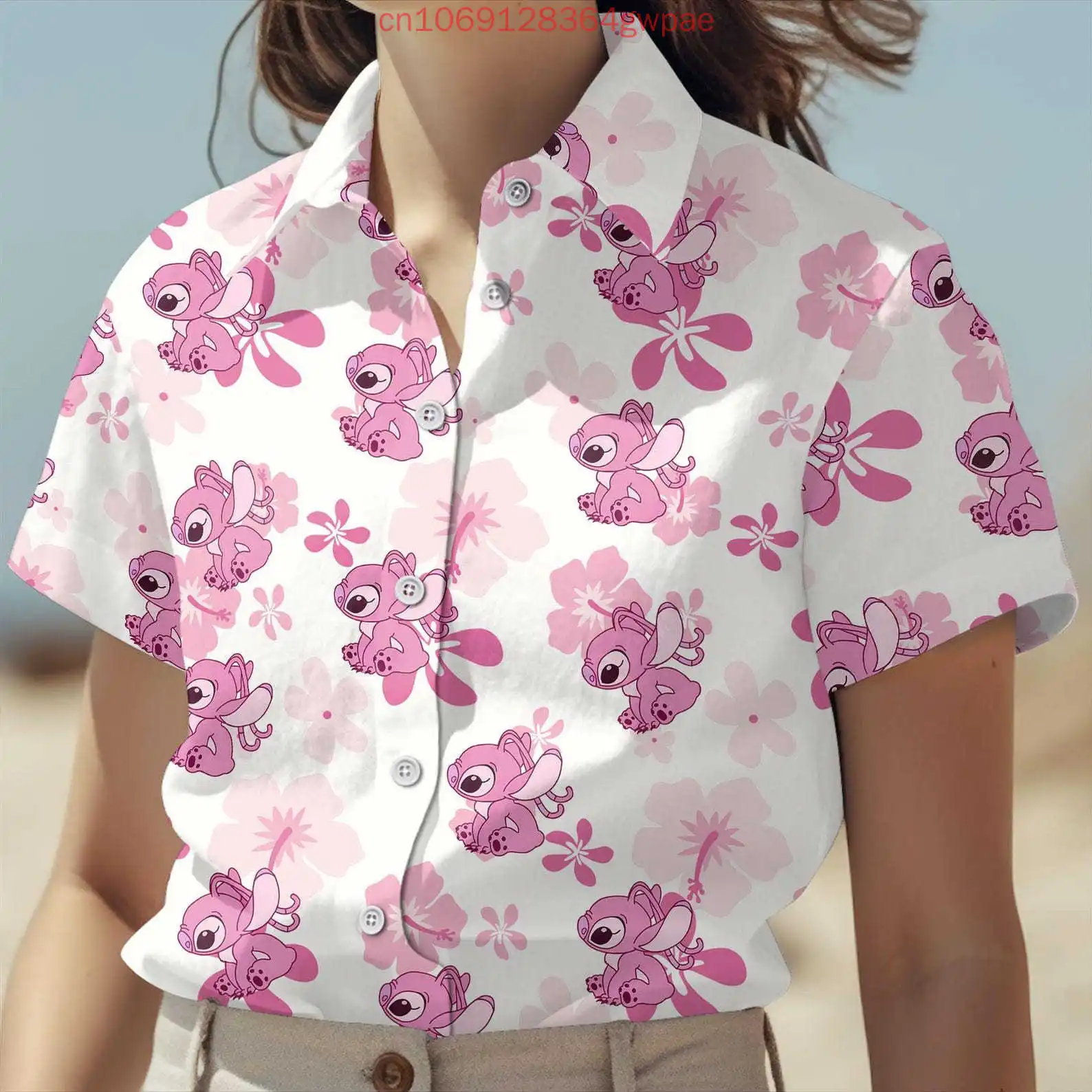 

Disney Angel Hawaiian Shirt Women's Short Sleeve Button Shirt Stitch Summer Men's Casual Beach Vacation Sun Protection Shirt