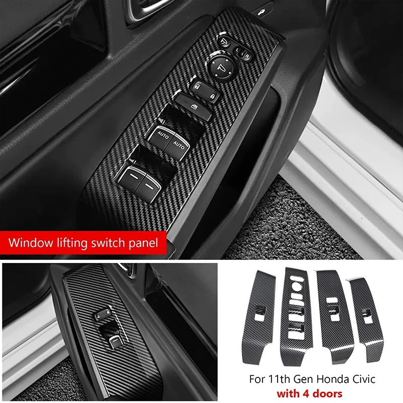 

4Pcs Car Window Lift Panel Switch Cover Trim Accessories For Honda Civic 2022 Carbon Fiber Black Auto Styling Stickers Parts