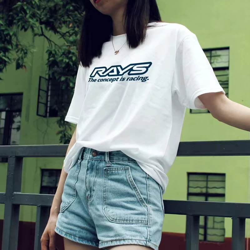 2026 Men High quality Racing Graphic T‑Shirt Front Bold Blue Text Back Striped Racing Letter Print Light Gray Short Sleeve Tee