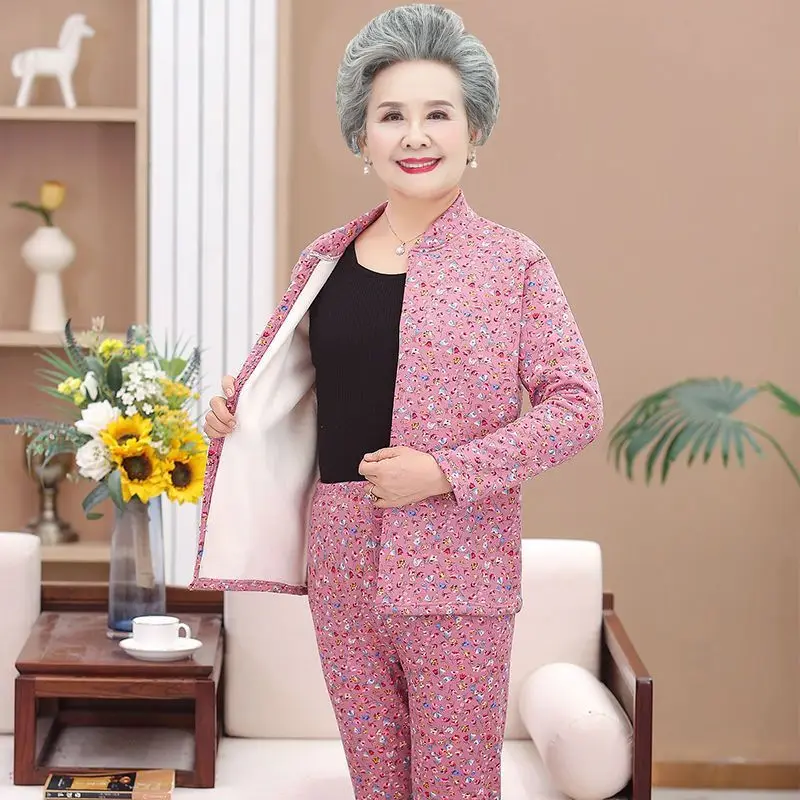 

Thickened Fleece Warm Underwear Set for Women Middle-Aged And Elderly People Comfortable Home Clothes Polyester Fabric
